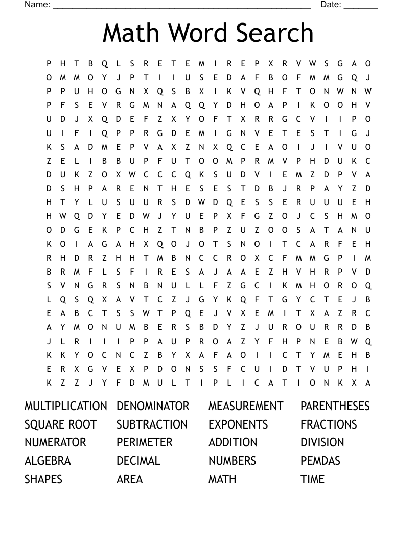 Maths Word Searches Printable Free - Word Search Maker