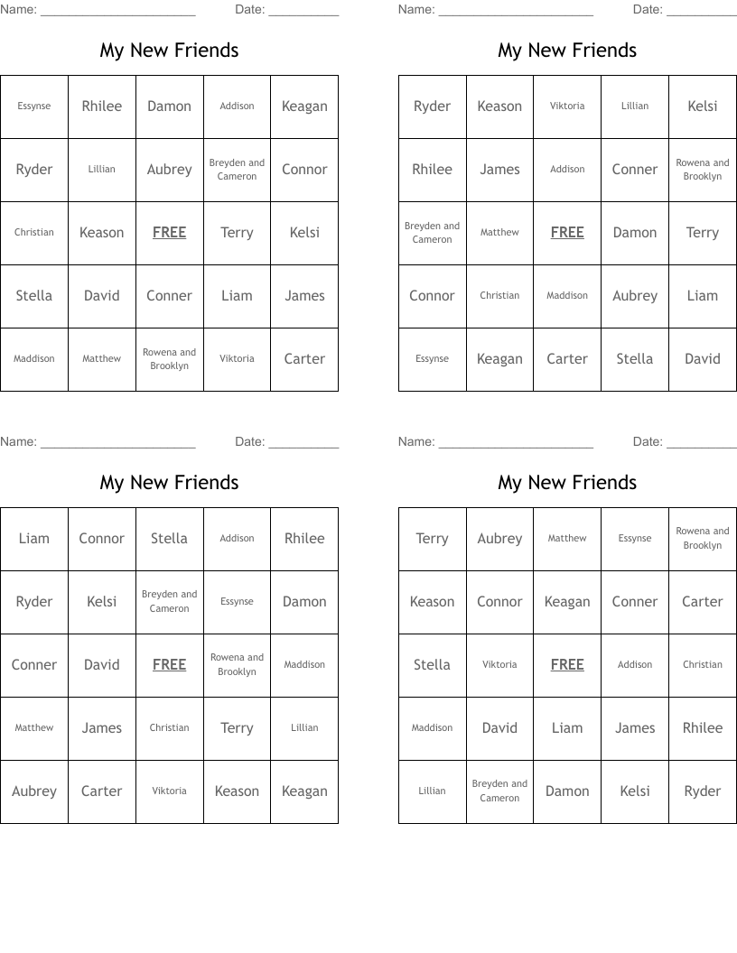 My New Friends Bingo Cards