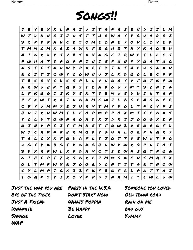 Songs!! Word Search