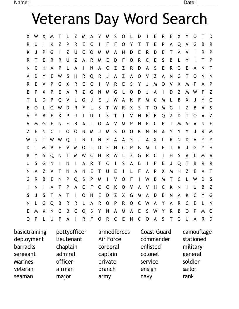 Veterans Day Word Search