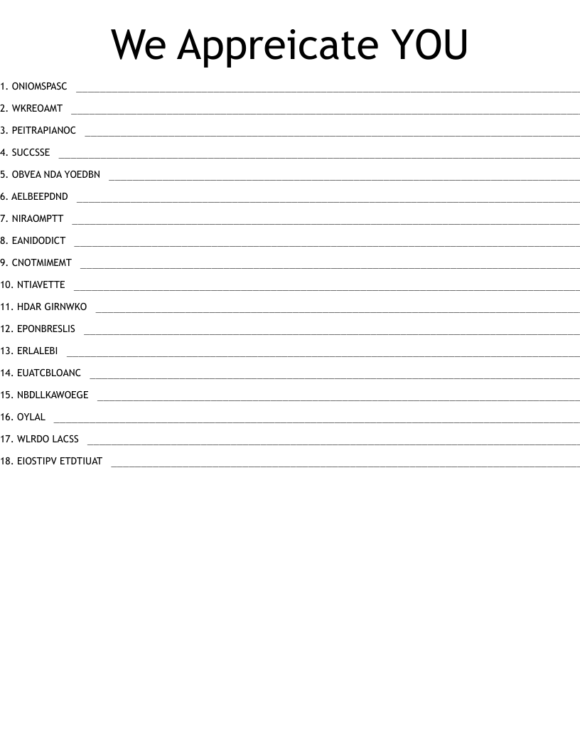 We Appreicate YOU Word Scramble - WordMint
