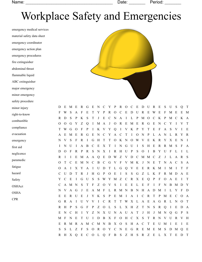 Workplace Safety and Emergencies Word Search