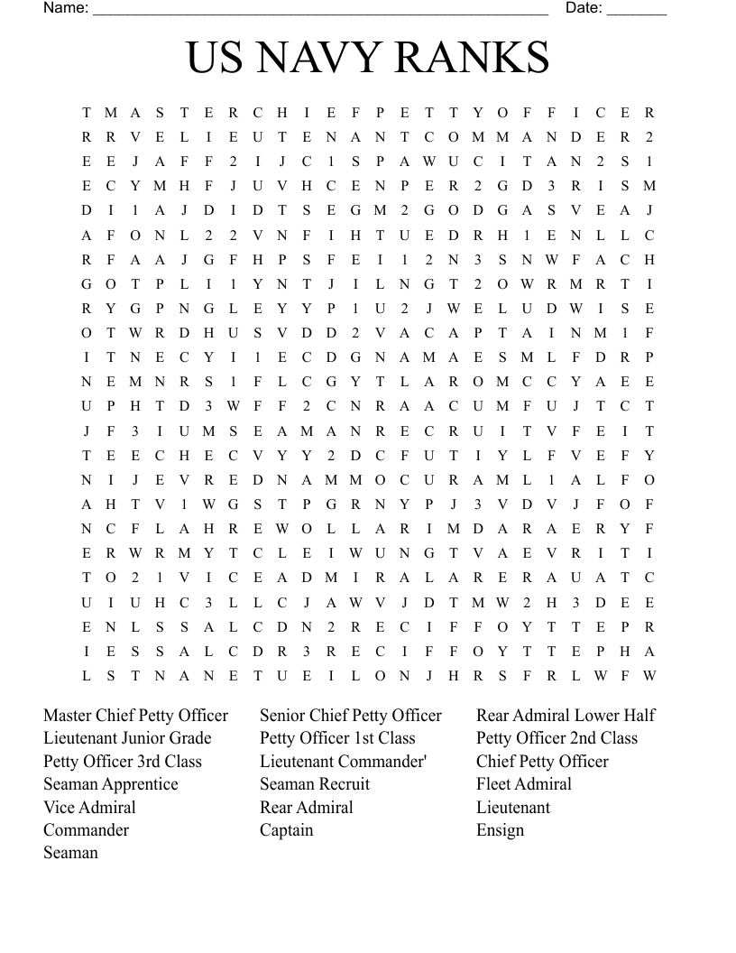  US NAVY RANKS  Word Search