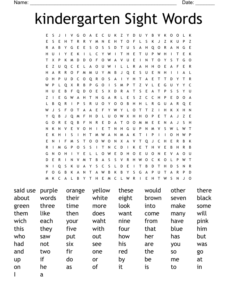 kindergarten Sight Words Word Search