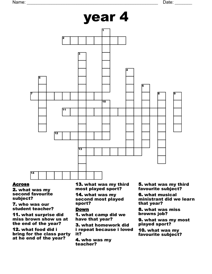 year 4 Crossword