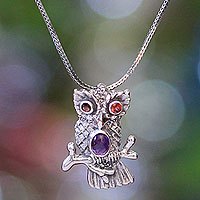 Garnet and amethyst pendant necklace, Wise Owl