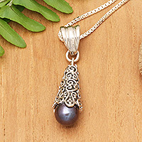 Cultured pearl pendant necklace, Brown Arabesque Dewdrop