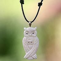 Bone and leather pendant necklace, White Owl Family