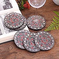 Wood batik coasters, Phoenix Flowers (set of 6)