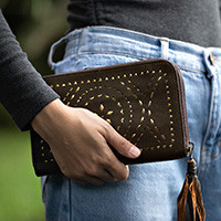 Leather wallet clutch, Borobudur Stars in Chocolate