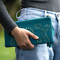 Leather wallet clutch, Prambanan Fireworks in Teal