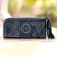 Leather wallet clutch, Prambanan Fireworks in Black