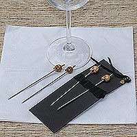 Stainless steel and cow bone cocktail picks, Grinning Skull (set of 4)