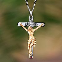 Garnet pendant necklace, INRI Crucifix