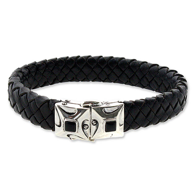 Men's Obsidian and Leather Braided Wristband Bracelet - Romeo | NOVICA