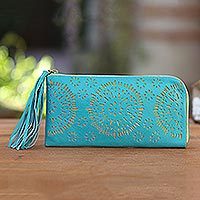 Leather clutch, Borobudur Stars in Turquoise