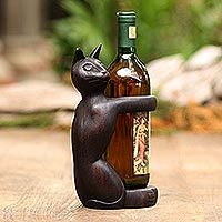 Suar wood wine holder, Black Cat Hug