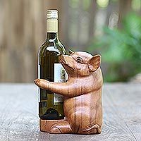 Wood wine bottle holder, Baby Pig Hug