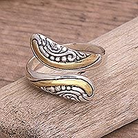 Gold accented sterling silver wrap ring, Golden Viper