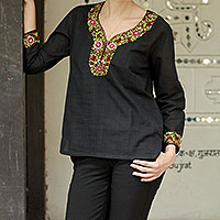 Cotton blouse, Ebony Blossoms