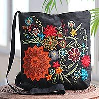 Embroidered cotton blend shoulder bag, Tropical Paradise