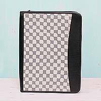 Leather accented cotton batik portfolio, Checkered Stone