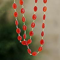 Gold plated carnelian long beaded necklace, Flaming Romance