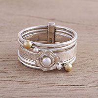 Cultured pearl meditation spinner ring, Luminous Floral