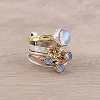 Rainbow moonstone cocktail ring, Rain Flowers