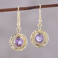 Gold plated amethyst dangle earrings, Glittering Lilac