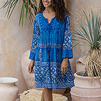 Embroidered cotton tunic dress, Cool Blue