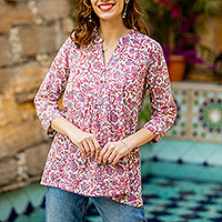 Block-printed cotton tunic, Spring Morning Lotus