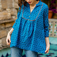 Block-printed cotton tunic, Spring Morning Bluebell