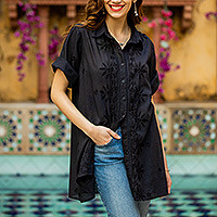 Embroidered cotton blouse, Festive Black