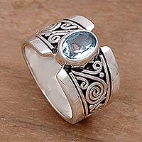 Blue topaz single stone ring, Blue Karma