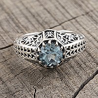 Blue topaz single stone ring, Crown of Tendrils