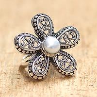 Cultured pearl flower ring, White Plumeria