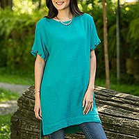 Short-sleeved cotton tunic, Out of Office in Sea Green