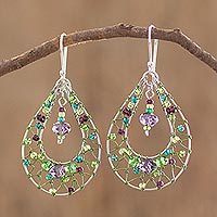 Crystal dangle earrings, Green and Purple Sparkle