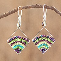 Beaded dangle earrings, Green and Purple Rainbow