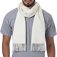 Mens 100% alpaca scarf, Frothy White