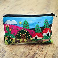 Cotton applique cosmetic bag, Country Scene