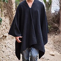 Mens alpaca blend poncho, Inca Explorer in Black