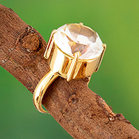 Gold plated quartz single stone ring, Clearly Golden