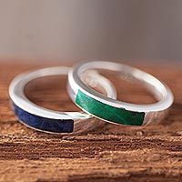 Chrysocolla and sodalite band rings, Dual Enchantment (pair)