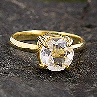 Gold plated quartz solitaire ring, Clearly Brilliant