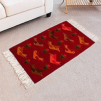 Wool area rug, Crimson Birds on the Wing (2x3)