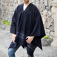 Mens alpaca blend poncho, Blue Littoral