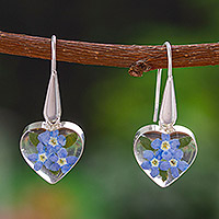 Natural flower dangle earrings, Blue Flowery Hearts