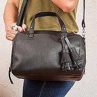 Leather travel bag, Tasseled Traveler in Black